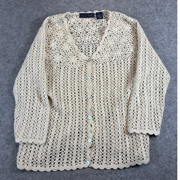 VINTAGE Laura Scott Crochet Knit Cardigan Women Medium Cream Sweater Cottagecore - Picture 1 of 4